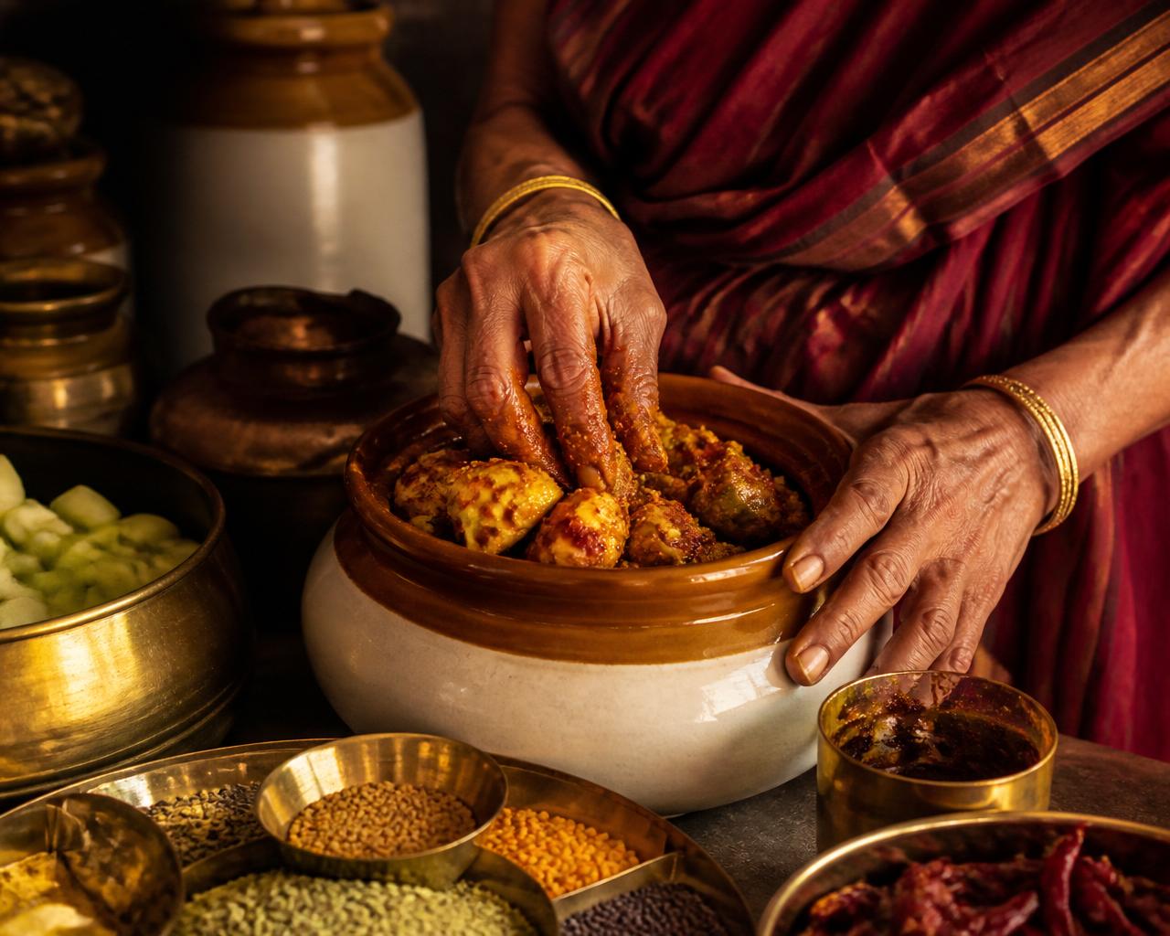 Skilled hands preparing traditional Rajasthani pickle in a heritage kitchen